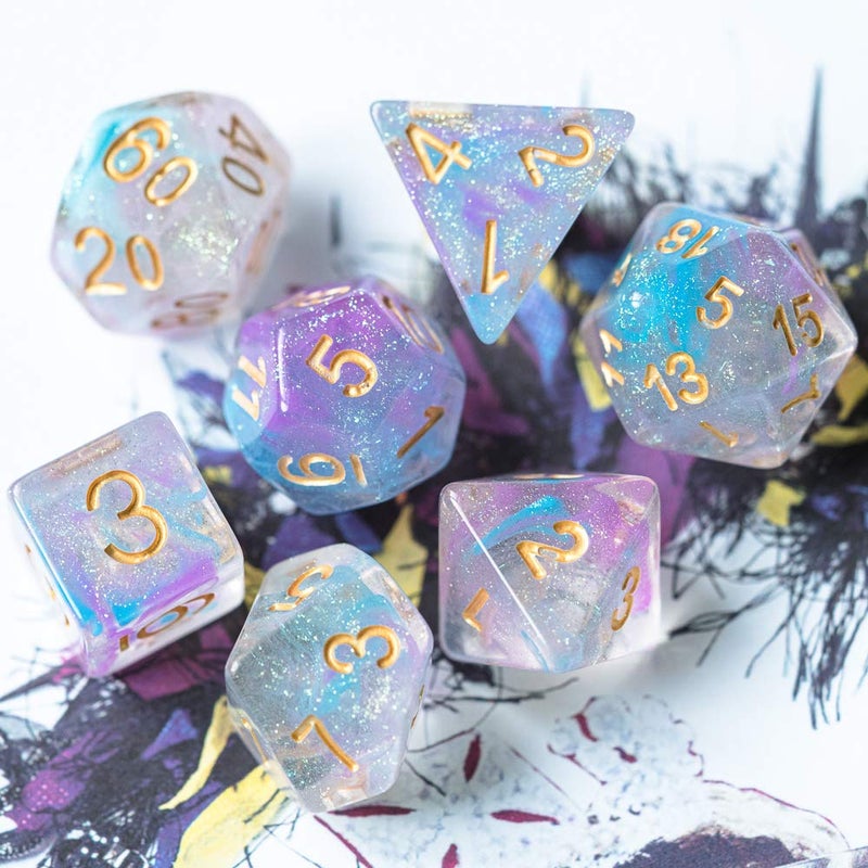 UDIXI 7PCS Resin DND Dice Set, Purple RPG Polyhedral Dice Set with Swirls Iridecent, Glitter D&D Dice for Role Palying Game Pathfinder Tabletop Games - Image 3